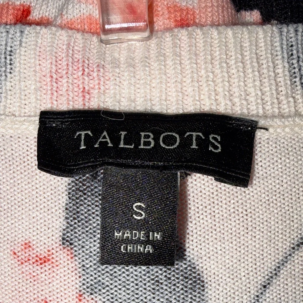 Talbots Floral Button Front Cardigan Small Black White Coral Lightweight Sweater